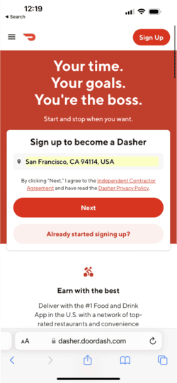 screenshot showing a step in the process of how to doordash